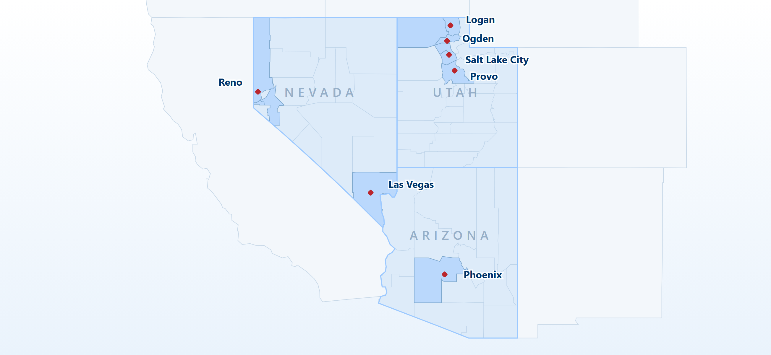 Map of Maise Technology service areas across Utah, Nevada, and Arizona, highlighting the Salt Lake City, Ogden, Provo, Logan, Las Vegas, Reno, and Phoenix metro areas